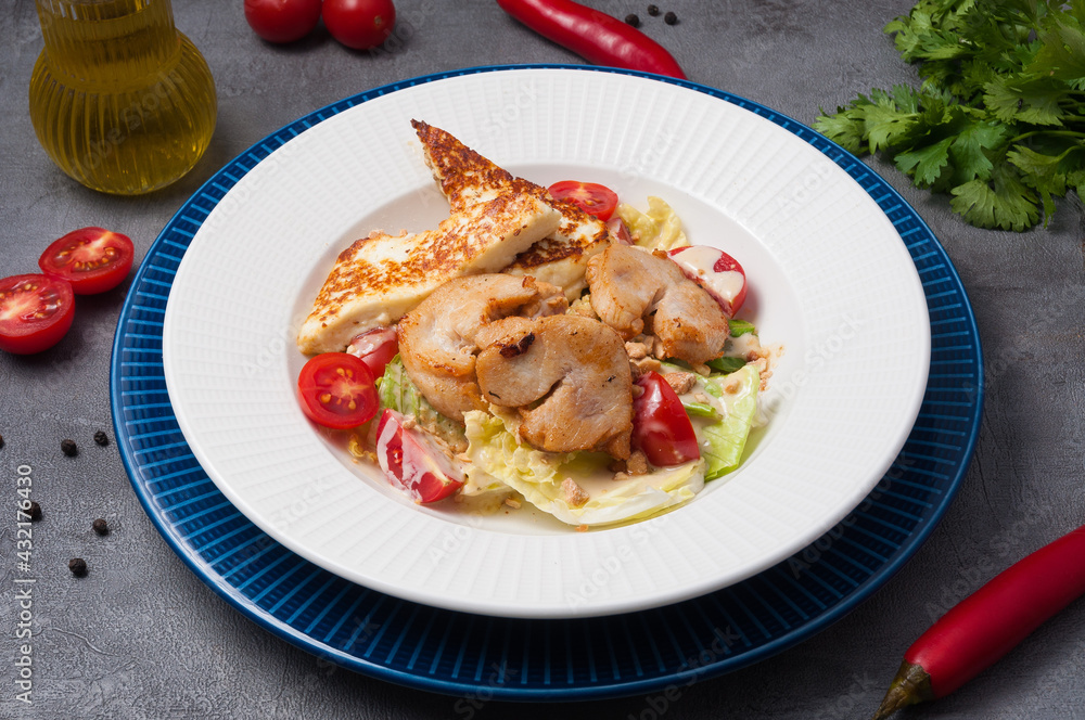 salad with chicken, fresh vegetables and grilled cheese salad with chicken, fresh vegetables and grilled cheese