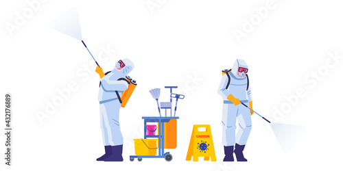 Disinfection by commercial disinfecting services, surface treatment from pandemic coronavirus. Disinfectant workers wear protective mask and suit sprays covid-19. Vector illustration
