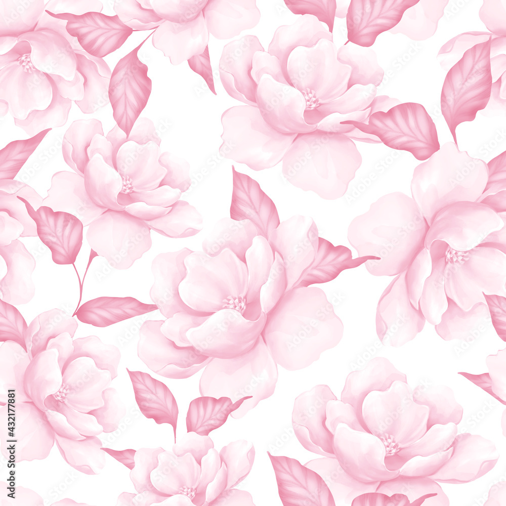 Seamless pattern with flowers. Pink floral pattern in watercolor style, tileable