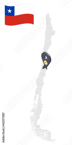 Location of  Santiago Metropolitan Region on map Chile. 3d location sign similar to the flag of Santiago Metropolitan. Quality map  with  provinces of  Chile for your design. EPS10