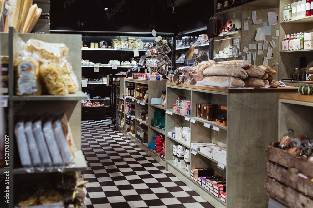 Interior of delicatessen shop with packaged food Interior of delicatessen shop with packaged food