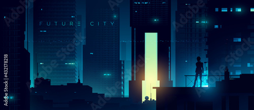 Futuristic cyberpunk illustration. Neon city background. Woman on the background of the shining metropolis