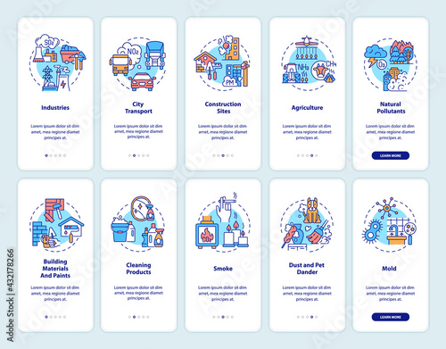 Indoor and outdoor air pollution onboarding mobile app page screen with concepts set. Contaminants walkthrough 5 steps graphic instructions. UI, UX, GUI vector template with linear color illustrations