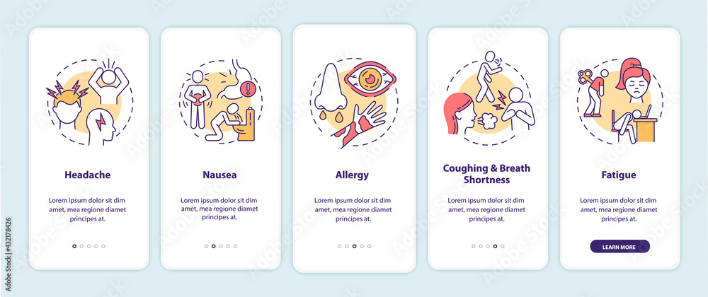 Air pollution disease symptoms onboarding mobile app page screen with concepts. Headache, allergy walkthrough 5 steps graphic instructions. UI, UX, GUI vector template with linear color illustrations