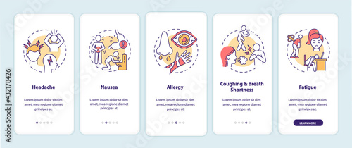 Air pollution disease symptoms onboarding mobile app page screen with concepts. Headache, allergy walkthrough 5 steps graphic instructions. UI, UX, GUI vector template with linear color illustrations