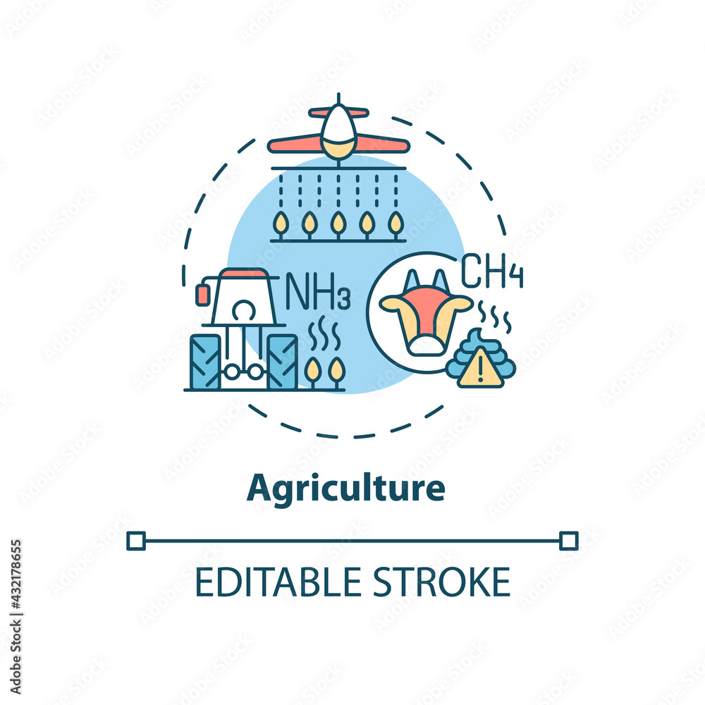 Agriculture concept icon. Outdoor air pollutant idea thin line illustration. Farming practices risks. Surrounding ecosystems degradation. Vector isolated outline RGB color drawing. Editable stroke