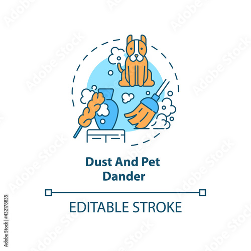 Dust and pet dander concept icon. Indoor air pollution idea thin line illustration. Animals with fur. Mold spores, dust mites, particles. Vector isolated outline RGB color drawing. Editable stroke