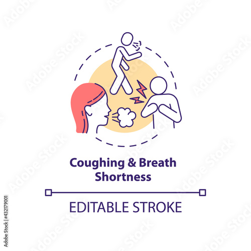 Coughing and breath shortness concept icon. Air pollution disease symptom idea thin line illustration. Lung damage. Bronchitis and asthma. Vector isolated outline RGB color drawing. Editable stroke