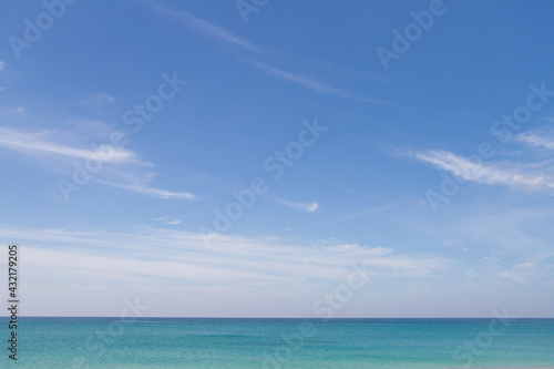 Blue sky and azure sea. Seascape and horizon line