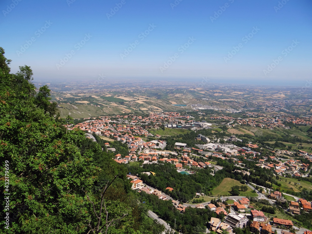 View from the fortress La Chesta to the foothills of the Apennines. Region of Emilia-Romagna. Republic of San Marino