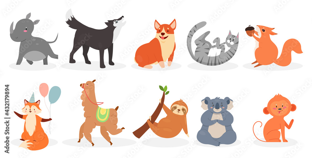 Cute animals vector illustration set. Cartoon domestic pets and zoo or wild  animals characters collection, squirrel holding walnut, sloth on tree  branch, koala monkey wolf dog cat isolated on white Stock Vector |