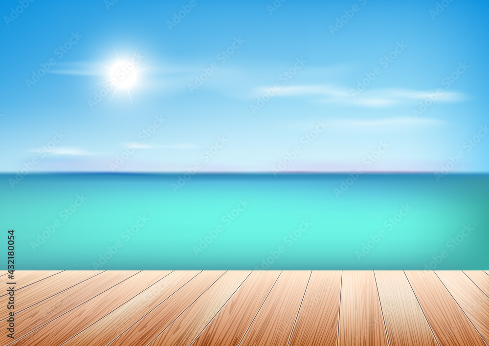 Summer seascape, background from wooden floor boards, sea or ocean and sky. Summer seascape, background from wooden floor boards, sea or ocean and sky.