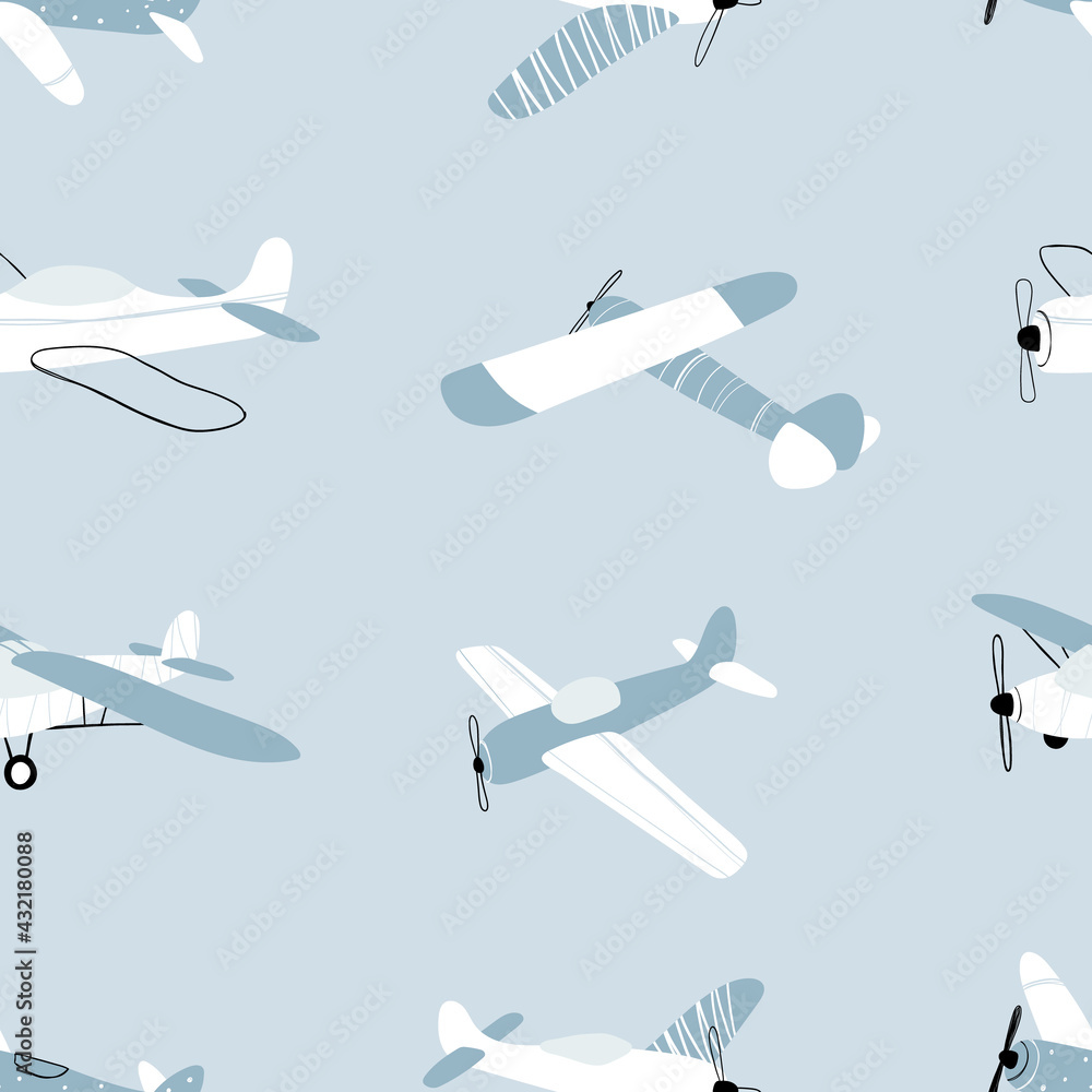 Vector hand-drawn seamless repeating children simple pattern with aircraft in Scandinavian style on a blue background.Kids seamless pattern with planes. Funny airplanes. Trendy vector background.