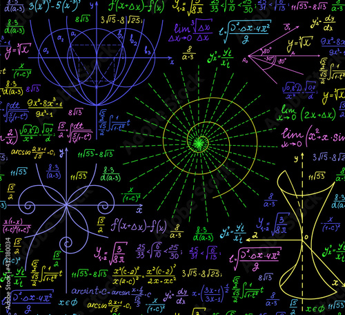 Math scientific multicolored vector seamless pattern with geometry figures, calculations and formulas