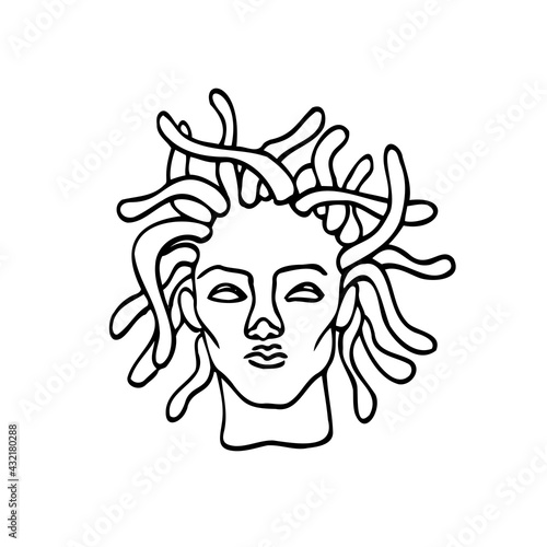 Medusa Gorgon - vector doodle black ink portrait. Female bust with snakes on her head, mythical Greek creature - cursed femme fatale. Psychopath killing with a look
