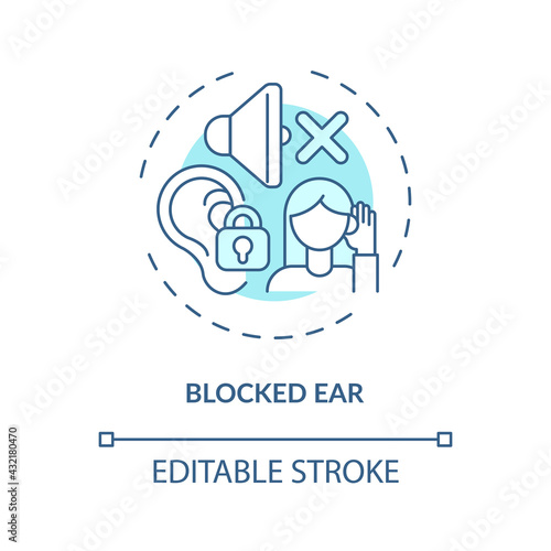 Blocked ear concept icon. Top ear condition idea thin line illustration. Colds, allergies consequence. Ringing, buzzing. Earwax buildup. Vector isolated outline RGB color drawing. Editable stroke