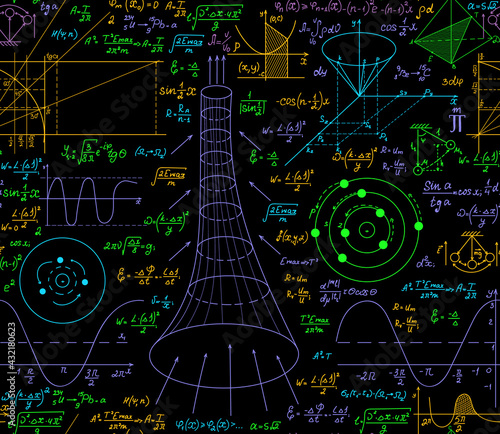 Scientific vector seamless background with multicolored physics and math formulas 