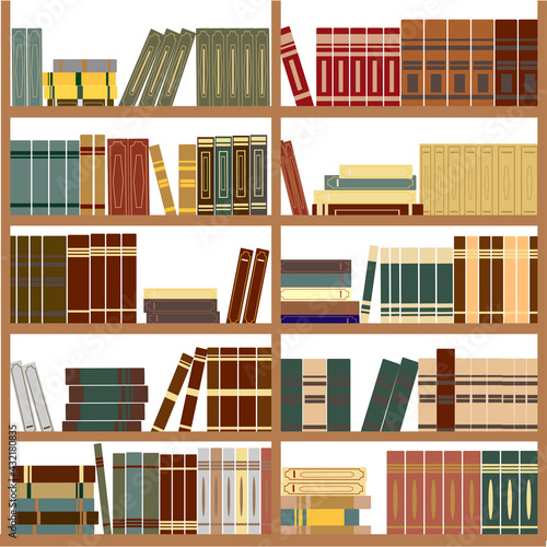 Large bookcase in the library, shop with many different books. Bookshelf. Library. Background from books.