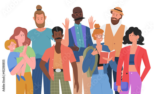 Modern society concept, crowd of people vector illustration. Cartoon multicultural international man woman characters group, friends, family with child standing together, population isolated on white