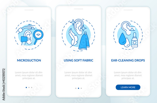 Ear hygiene practice onboarding mobile app page screen with concepts. Microsuction, drops walkthrough 3 steps graphic instructions. UI, UX, GUI vector template with linear color illustrations