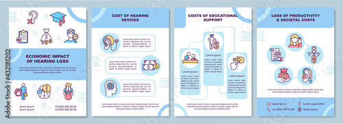 Economic hearing loss impact brochure template. Hearing device cost. Flyer, booklet, leaflet print, cover design with linear icons. Vector layouts for presentation, annual reports, advertisement pages