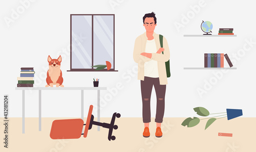 Bad behavior of domestic animal, mischievous pet dog vector illustration. Cartoon cute naughty puppy or nasty playful doggy sitting on table to play, owner pet man character angry at mess background