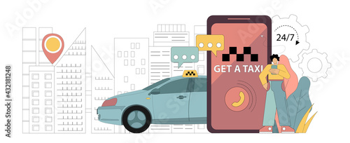 Online taxi service. Calling a taxi using a mobile application. Mobile service app