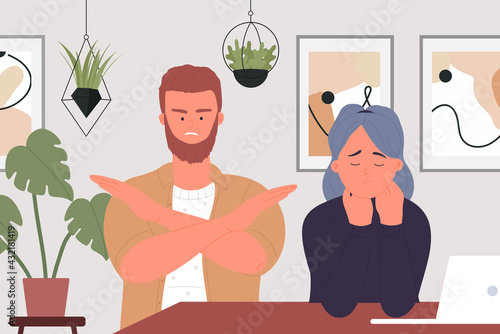 Family abuse, couple people quarrel criticize vector illustration. Cartoon young angry husband screaming at wife, quarreling in anger, woman character crying, divorce conflict conversation background