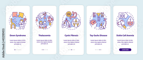 Most common genetic diseases onboarding mobile app page screen with concepts. Health walkthrough 5 steps graphic instructions. UI, UX, GUI vector template with linear color illustrations