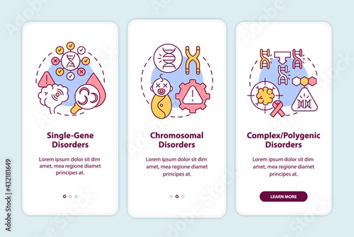 Types of genetic disorders onboarding mobile app page screen with concepts. Medical care walkthrough 3 steps graphic instructions. UI, UX, GUI vector template with linear color illustrations