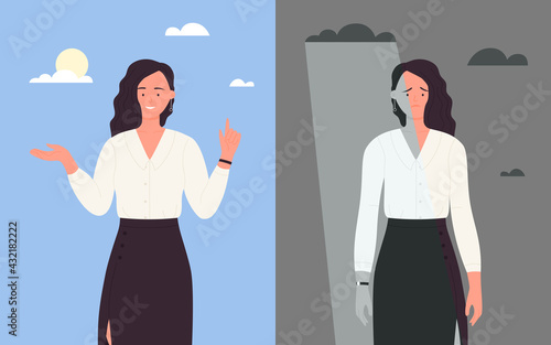 Business woman in good and bad mood vector illustration. Cartoon happy fashionable businesswoman standing and waving, sad female office worker crossed arms in stress negative emotion background