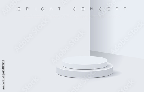 White geometrical shape podium floor concept. Minimalist bright room with pedestal for advertising design, website, presentation, wallpaper, winning celebration commercial etc. Vector EPS