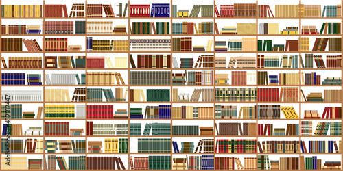Bookshelf. Library. Large bookcase in the library, shop with many different books. Background from books.