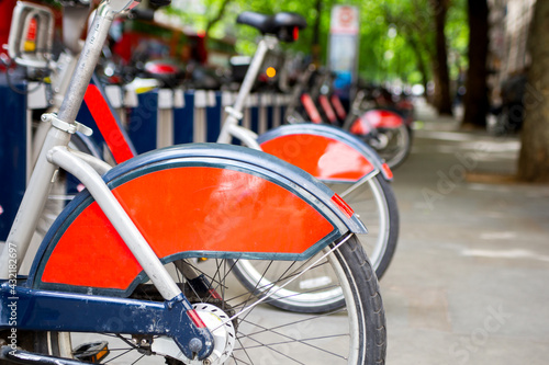 Canvas Print Bicycles for rent in central London. Rear wheel.