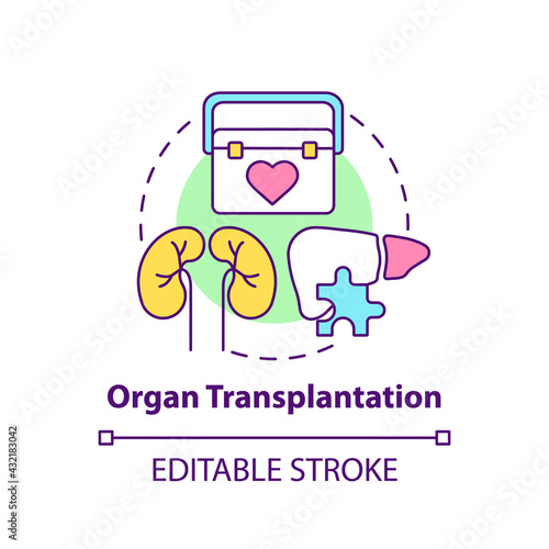 Organ transplantation concept icon. Kidney donor. Medical care. Emergency surgery. Genetic disease treatment idea thin line illustration. Vector isolated outline RGB color drawing. Editable stroke