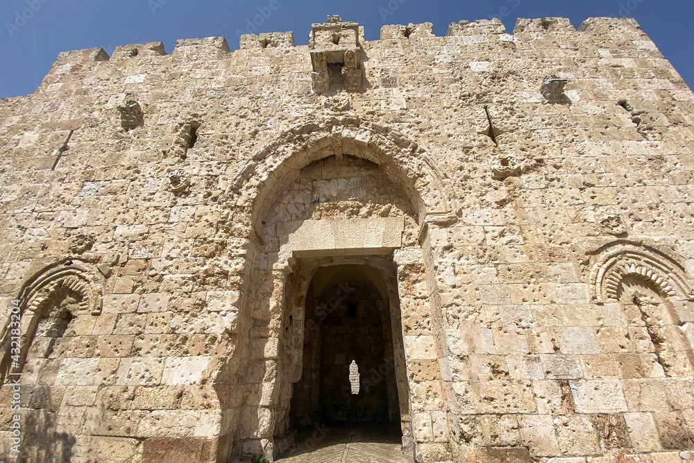 The Zion Gate in the walls of the old city of Jerusalem, Israel.