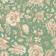 Stickers Vintage bloemen patronen Vintage voorjaarsbloei in groen en bruin  © OlgaKorneeva