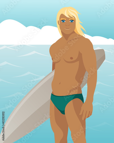 A handsome tanned young man with white hair stands on the background of the ocean with a surfboard. Vector illustration.