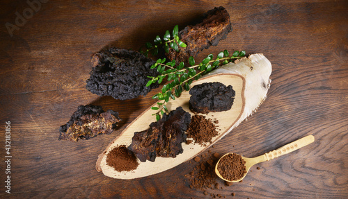 Chaga Mushroom on a wooden Table - Healthy Nutrition