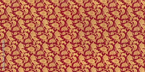 red fabric wallpaper with golden flower ornaments