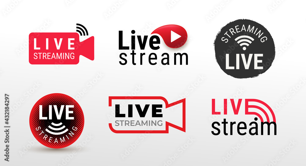 Set of symbols Live streaming. Flat vector and buttons of live streaming, broadcasting, online stream and live performances. the buttons are made with a brush strokes. Black and red vector. Set of symbols Live streaming. Flat vector and buttons of live streaming, broadcasting, online stream and live performances. the buttons are made with a brush strokes. Black and red vector.