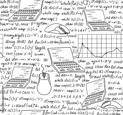 Programming technical vector pattern with progamming code, technical devices and laptops, handwritten on grid copybook paper