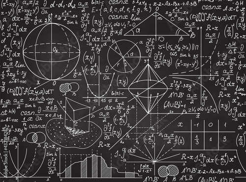 Vector mathematical seamless pattern with handwritten formulas, math equations and calculations, chalk on blackboard effect	
