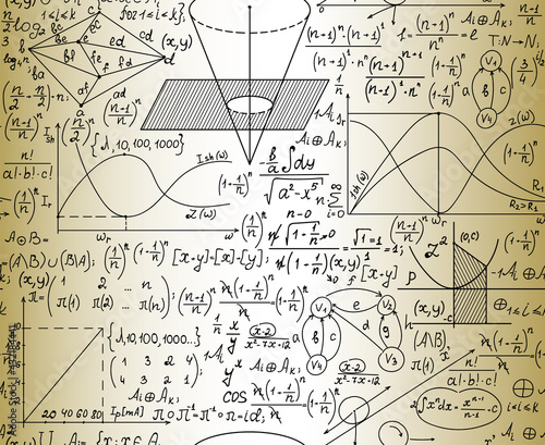 Mathematical manunuscripts and technical drawings on the old paper, scientific vector seamless pattern 