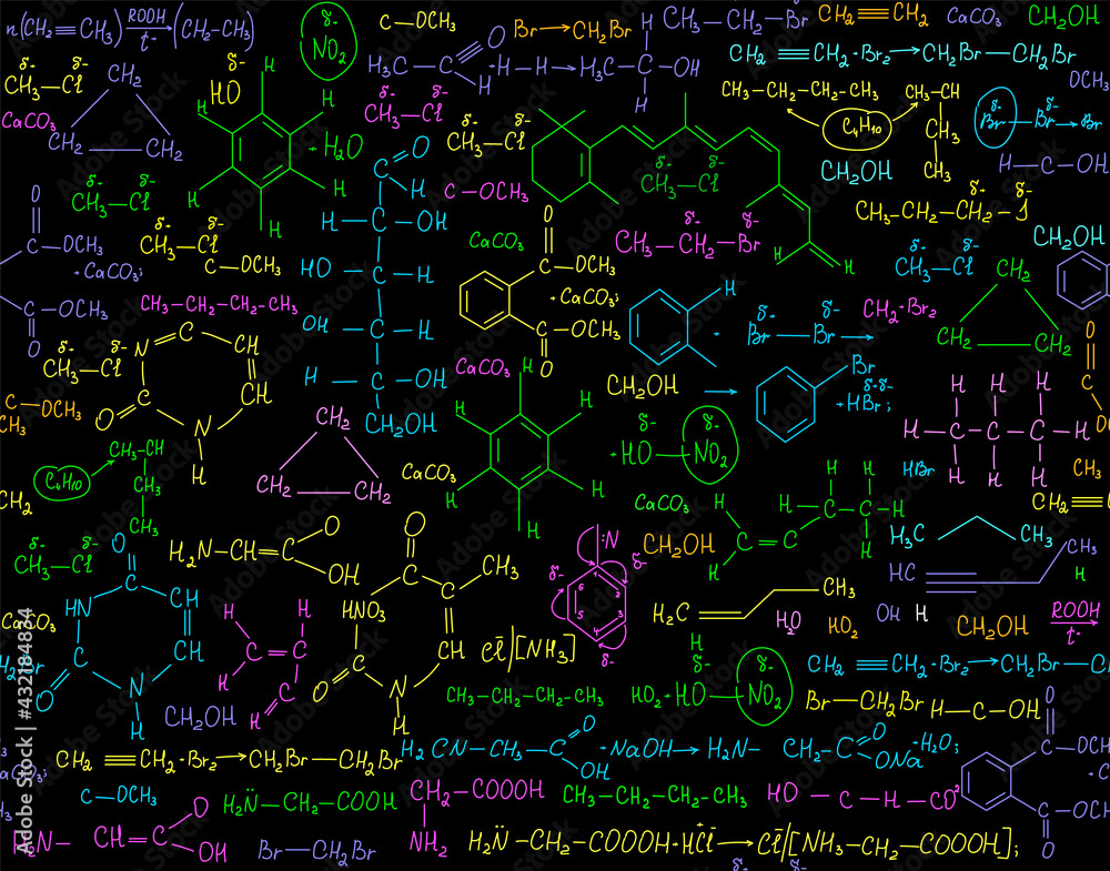 Colorful scientific vector seamless pattern with multicolored plots, chemistry formulas, handwritten dna strands and viruses, laboratory equipment