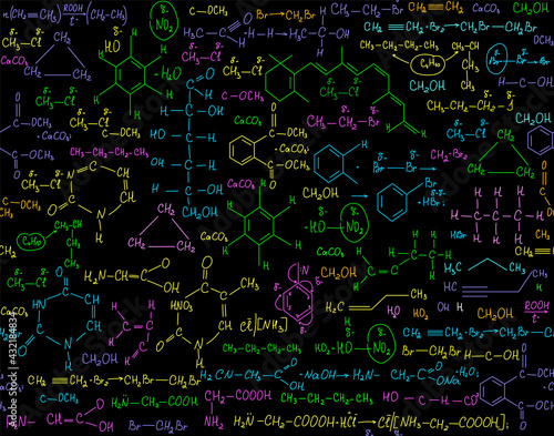 Colorful scientific vector seamless pattern with multicolored plots, chemistry formulas, handwritten dna strands and viruses, laboratory equipment