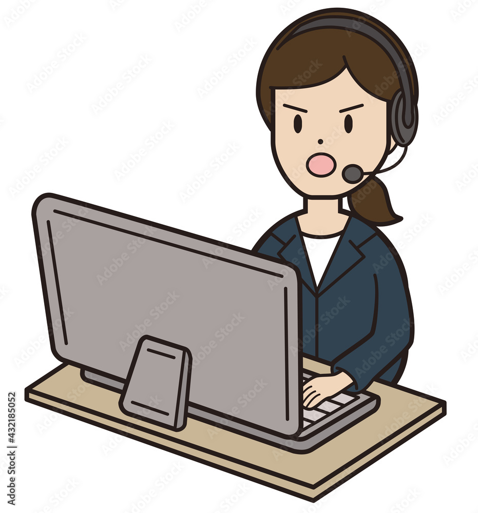パソコン入力をしながら電話応対をするスーツの若い女性 コールセンター リモートワーク 怒る 斜め