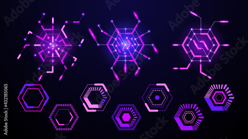 Vector technology background. Elements and icons of futuristic user interface in HUD style. Modern digital information screen labels and shapes template. Detailed HUD, hexagonal UI elements.
