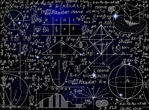 Scientific space vector seamless pattern with handwritten math formulas, calculations and figures