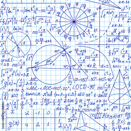 Math educational vector seamless pattern with handwritten formulas, figures and equations	